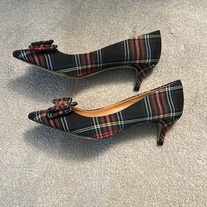 J. Crew Red and Green Plaid Kitten Heels with Bow